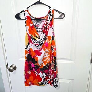 AB Studio Tank Top Orange Black White Pink Splatter Floral Size Medium Shirred